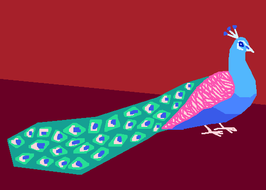 A brightly colored pixel art peacock.